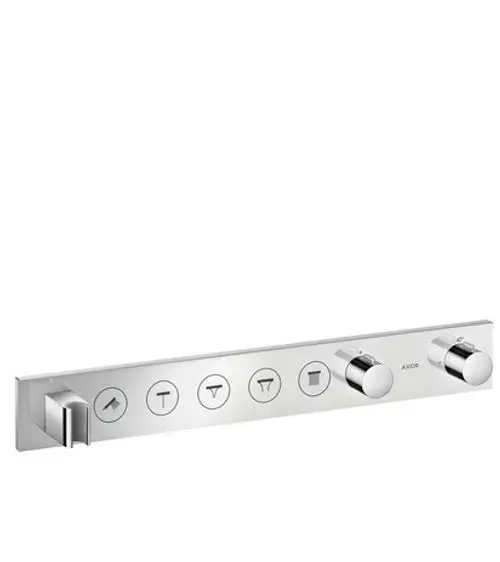 Thermostatmodul von AXOR mit zwei Drehknöpfen und fünf Symbolen für verschiedene Duschfunktionen, in verchromter Ausführung, geeignet für Unterputzinstallation.